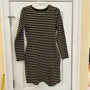 Ladies Size Large Iris Olive and White Striped Dress Fitted Sexy GUC